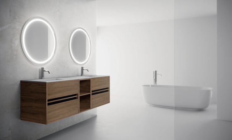 Logik vanity unit, Acorn finish, top in Purefeel with Cut integrated washbasin, Denis mirror