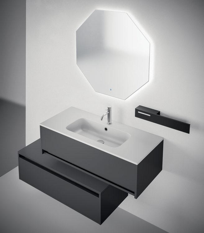 Logik vanity unit, Grafite finish, top in resin with Karl integrated washbasin, Jung mirror, metal shelf