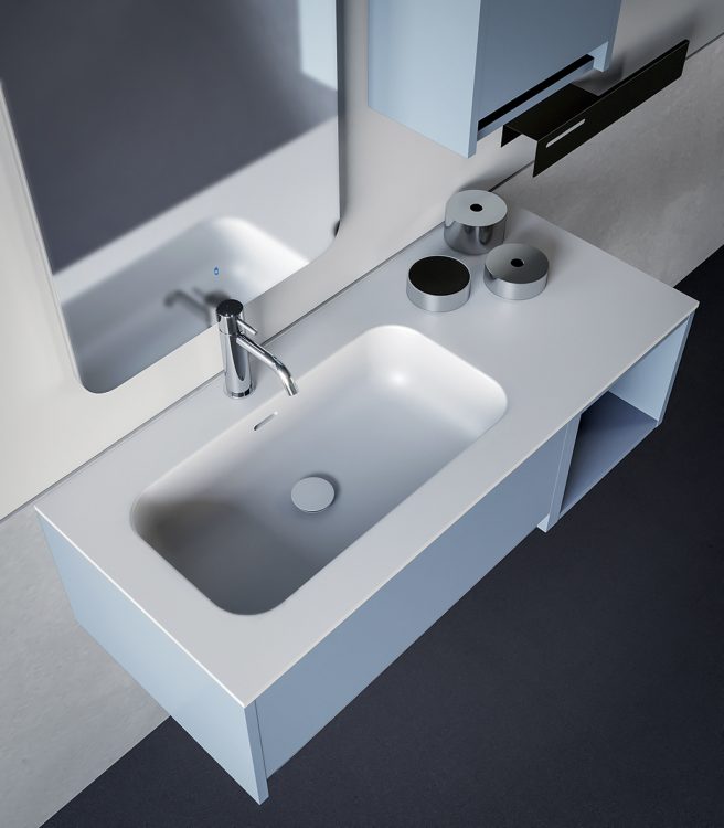 Logik vanity unit, Sky finish, top in Purefeel with Edy integrated washbasin, Freud mirror, metal shelf