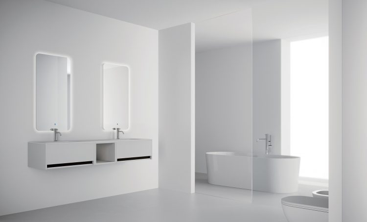 Logik vanity unit, Pure White finish, top in glass with Maya integrated washbasin, Freud mirror, Mizar bathtub