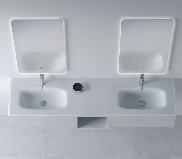 Logik vanity unit, Pure White finish, top in glass with Maya integrated washbasin, Freud mirror