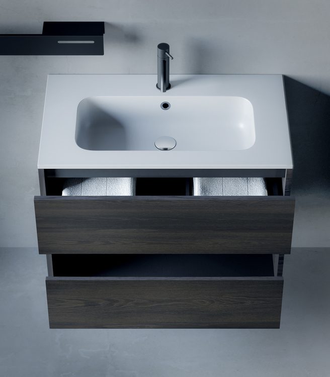 Logik vanity unit, Lava Oak finish, top in resin with Karl integrated washbasin, Joyce mirror, metal shelf