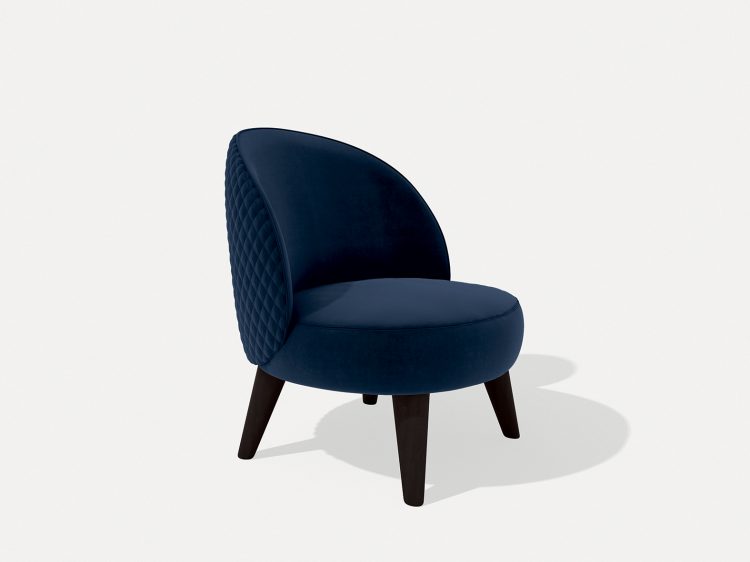 Sophie armchair with Moka Oak base and covered in velvet