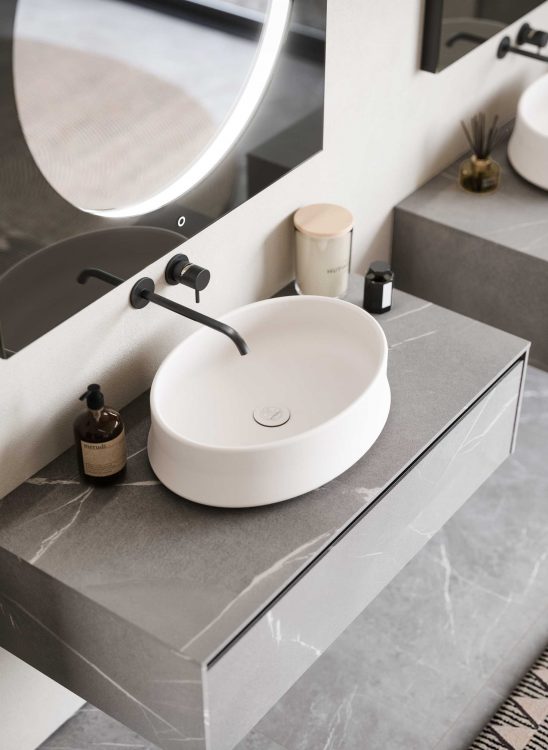 Top in Pietra Piasentina porcelain stone with White Lightfeel Volcano washbasin