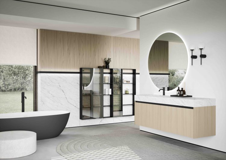 Eden vanity units in White Chestnut wooden finish, Top in Statuarietto porcelain stone, Joyce Mirror, Sirio bathtub