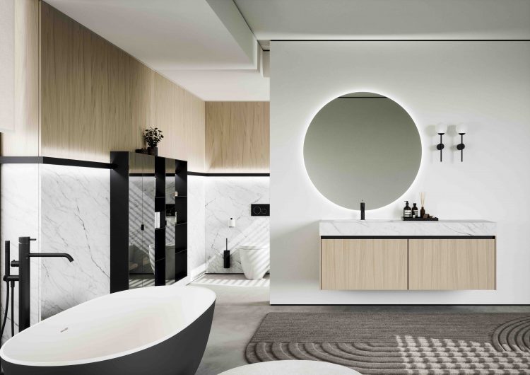 Eden vanity unit in White Chestnut wooden finish, Top in Statuarietto porcelain stone, Joyce Mirror, Sirio bathtub