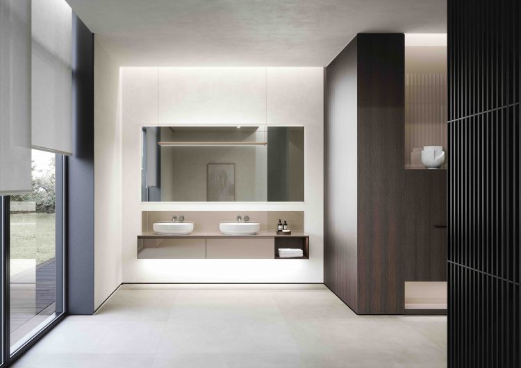 Eden vanity units and top in glossy "Avana" lacquered glass, Dalì Full Mirror, Sei lamp
