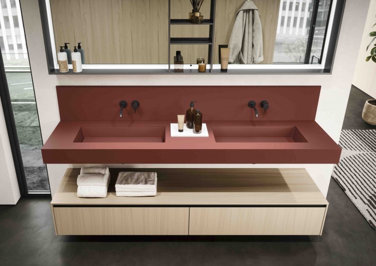 Top in Rosso Jaipur Fenix with integrated Hanna washbasin, Complementary units in White Chestnut wooden finish