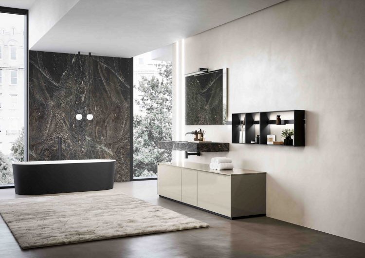 Eden vanity unit, Glossy "Sabbia" lacquered finish, Top in Jatoba Brown porcelain stone, Mizar bathtub
