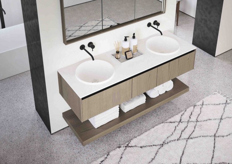 Eden vanity units in Grey Chestnut finish, Top in lightfeel with integrated Circle washbasin