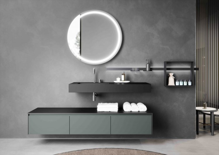 Top in Black Fenix with integrated Hanna washbasin, Dream Mirror, Line bar with modules and accessories 