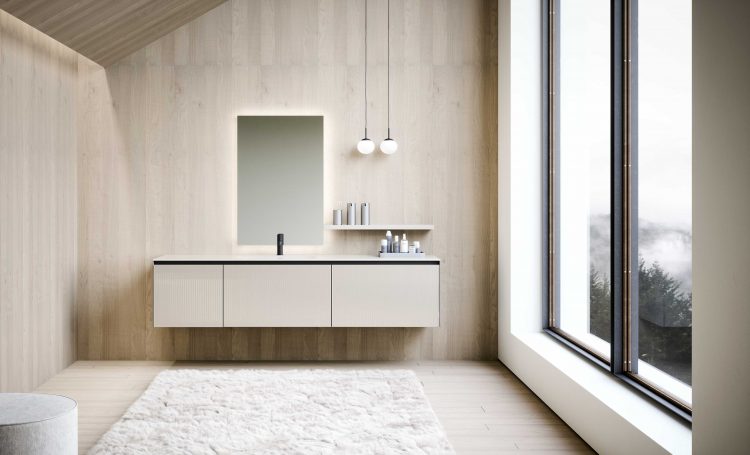Eden vanity units, Glossy Papiro lacquered ribbed glass finish, Dalì Full mirror, Lume suspended lamps