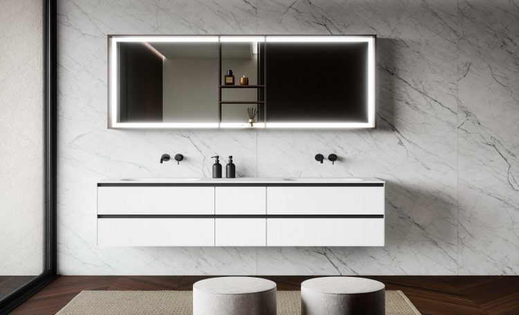 Eden vanity unit, Glossy White Ice lacquered ribbed glass finish