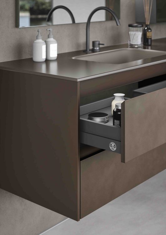 Eden vanity unit, Matt Caffè lacquered finish with frontal drawers in smooth leather, Top in Caffè satin lacquered glass