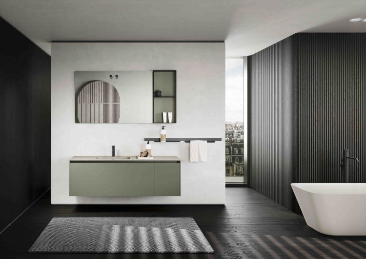 Eden vanity unit, Matt "Verde salice" lacquered finish, Paris Square mirror, Rigel bathtub
