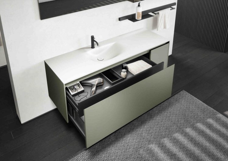 Eden vanity unit, Top in "Corda elegance" Purefeel with Edy integrated washbasin, Line bar with accessories