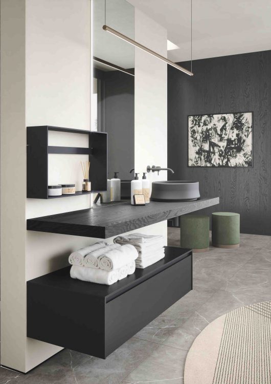 Eden vanity unit, "Nero Lavagna" lacquered finish, Top in Charcoal Oak finish with Black Lightfeel Volcano countertop, Line bar and Module