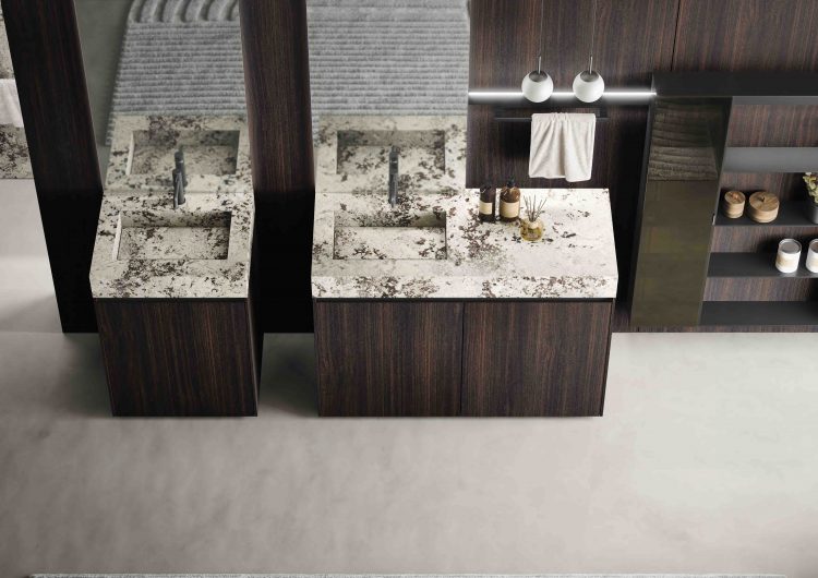 Eden vanity unit, Eucalyptus finish, Top in Alaska White porcelain stone, Dalì Full mirror