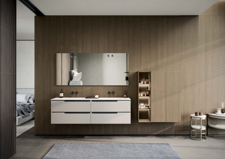 Profilo vanity unit in Matt Corda elegance finish, top with Drop integrated washbasin in white Lightfeel, Paris Square mirror