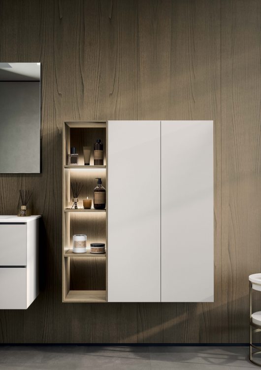 Cube tall units in Matt Corda elegance lacquered finish and Open tall units in Grey Chestnut