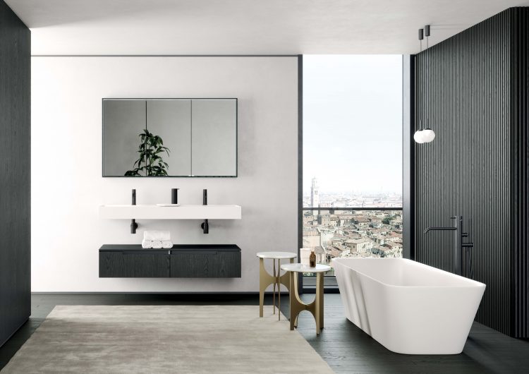 Rebel wall-hung washbasin in Lightfeel, complementary vanity units in Charcoal Oak finish, Voltaire mirror