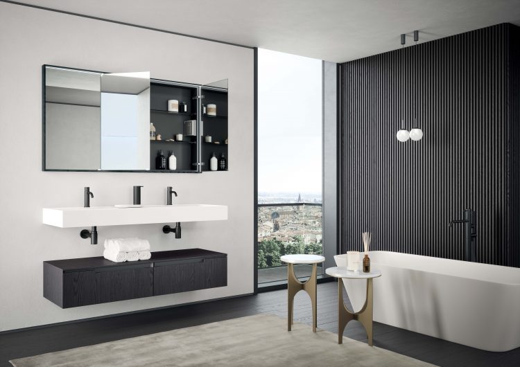 Voltaire mirrror in Charcoal Oak finish, Rigel bathtub, Lume suspended lamps