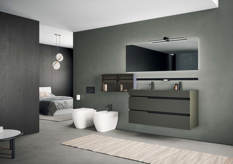 Profilo vanity unit in Verde Muschio matt lacquered finish, Dali Full mirror, Line bar with modules and accessories 