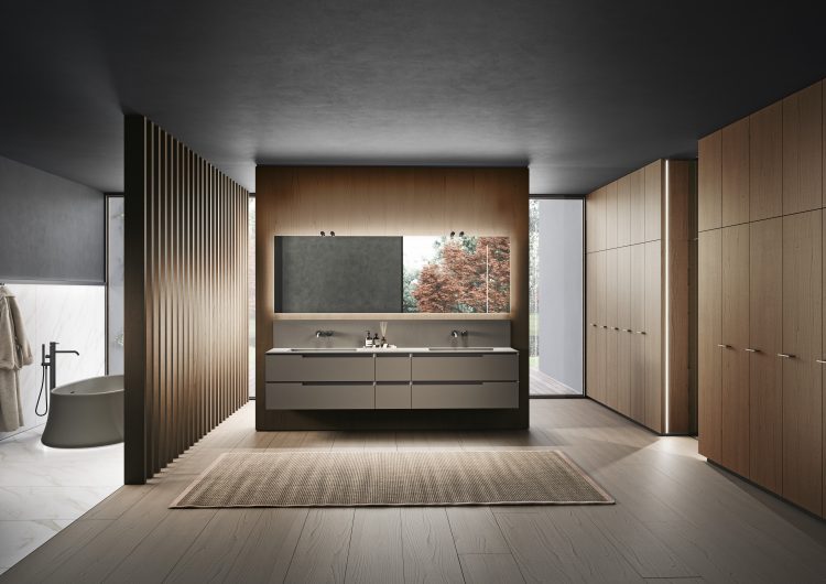Profilo vanity unit in London Grey lacquered finish, integrated Hanna basin and matching back-splash in Fenix, Dali Full mirror with Toobe lamps