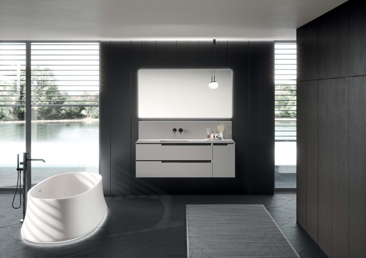 Profilo vanity unit in Grigio Elegance lacquered finish, Top with Cut integrated washbasin in Grigio Elegance Purefeel, Dali Full mirror, Lume lamp