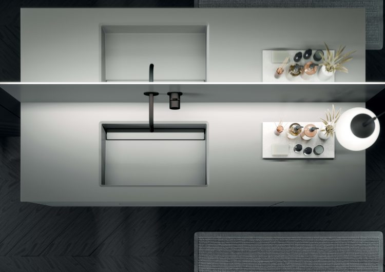 Top with Cut integrated washbasin in Grigio Elegance Purefeel, Stilo basin mixer in brushed black
