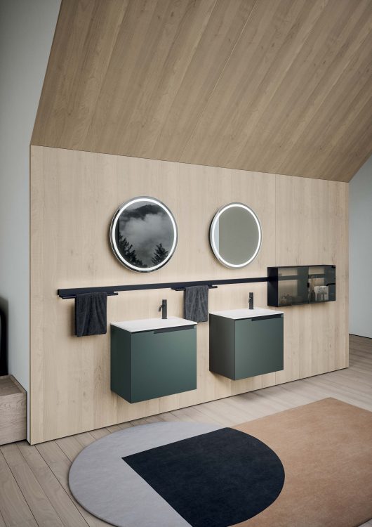 Profilo vanity unit in Green lacquered finish, top with Tray integrated washbasin, Dream mirror