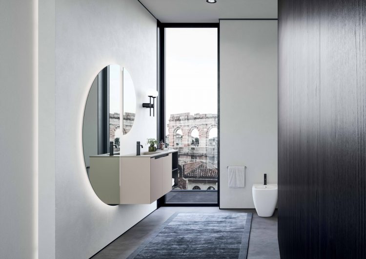 Profilo vanity units in matt tortora elegance lacquered finish and Charcoal Oak open-shelf unit, Kant mirrors, Lume lamps