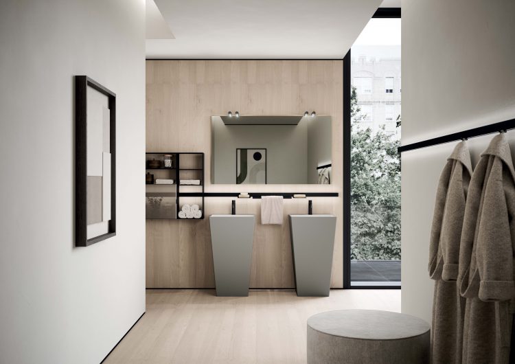 Mars freestanding washbasin in Grigio Elegance lacquered finish, Easy mirror, Line bar with modules and accessories 