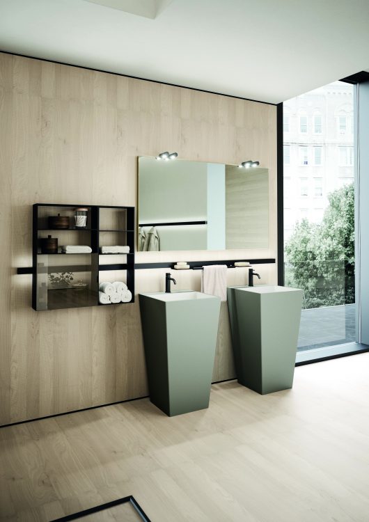 Mars freestanding washbasin in Grigio Elegance lacquered finish, Easy mirror, Line bar with modules and accessories 