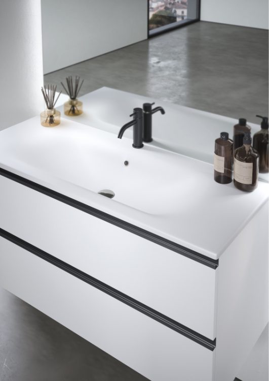 "Frank" integrated top in matt white ceramic and Stilo basin mixer in brushed black