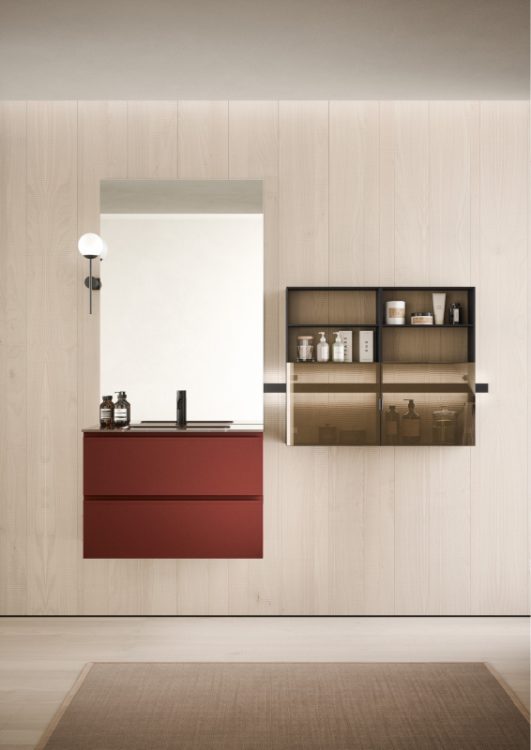 Forever vanity unit in matt Rosso Jaipur and handles in the same finish, top in coloured glass with Rose integrated washbasin, Easy mirror, Lume lamp