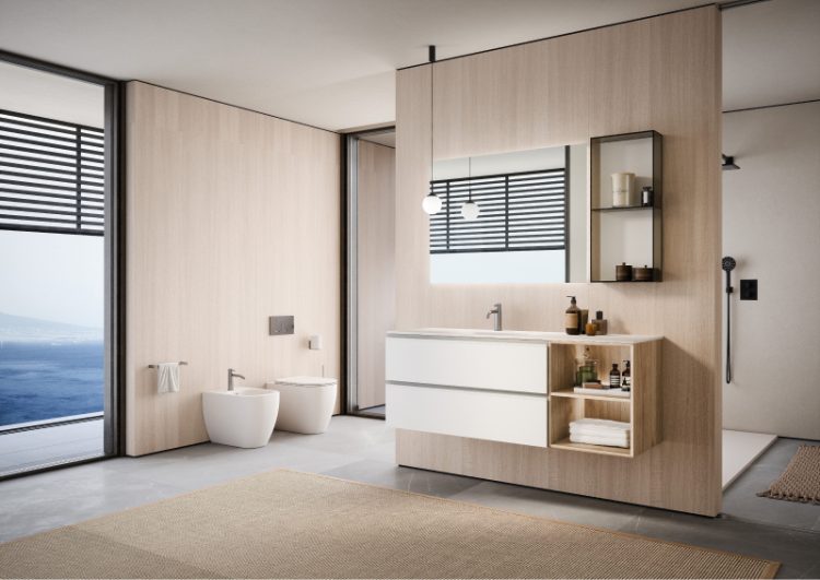 Forever vanity unit in Pure White Melamine wood, handles in matt white, Top in matt white Lightfeel with Drop integrated washbasin, Dali Full mirror, Lume lamps