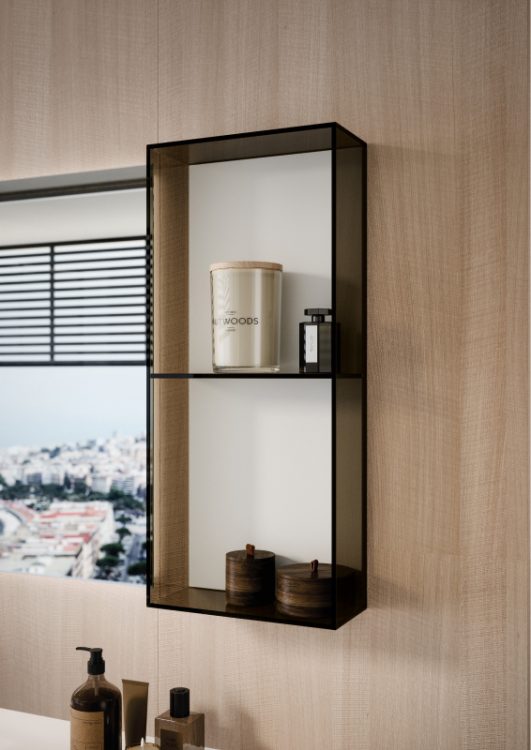 Open shelf wall unit in smoked glass and back in Pure White melamine wood