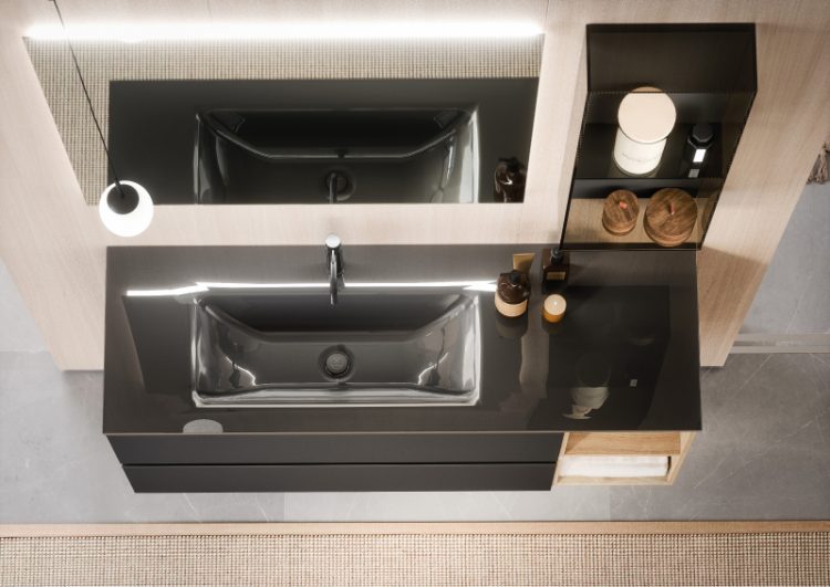 Top in Nero Lavagna coloured glass with Rose integrated washbasin