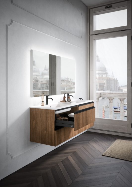 Forever vanity unit in Ancorn melamine wood, "Karl" integrated top in matt white resin, Dali Full mirror
