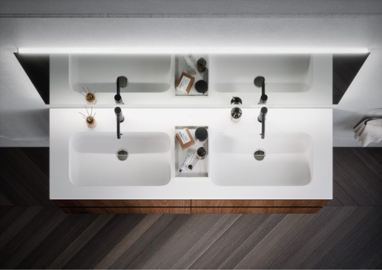 "Karl" integrated top in matt white resin with Stilo basin mixer in brushed black
