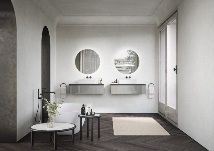 Forever vanity units in Dark Grey metallic lacquer, top with Mary washbasin in matt white purefeel, Joyce mirrors