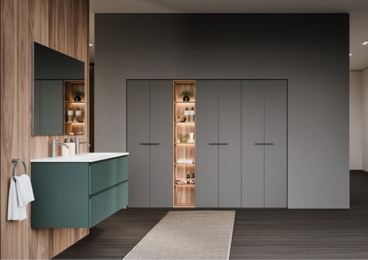 Cube tall units in Grigio Pietra lacquered finish with Holy handles, Open tall unit in Ash Oak melamine wood finish