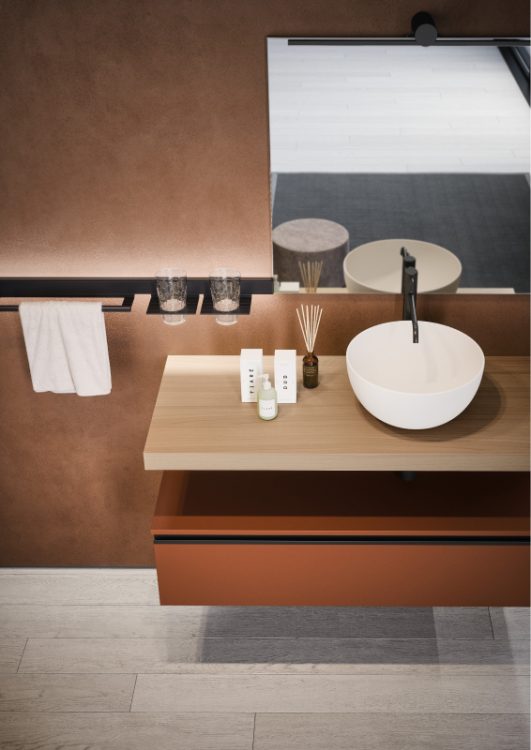 Top in White Chestnut wood veneer finish with Aurora countertop washbasin, additional wall-hung base unit in Matt Ruggine lacquered, Easy mirror, Tetris lamp, Line bar