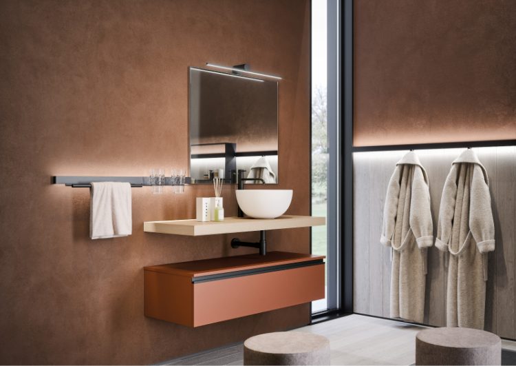 Top in White Chestnut wood veneer finish with Aurora countertop washbasin, additional wall-hung base unit in Matt Ruggine lacquered, Easy mirror, Tetris lamp, Line bar