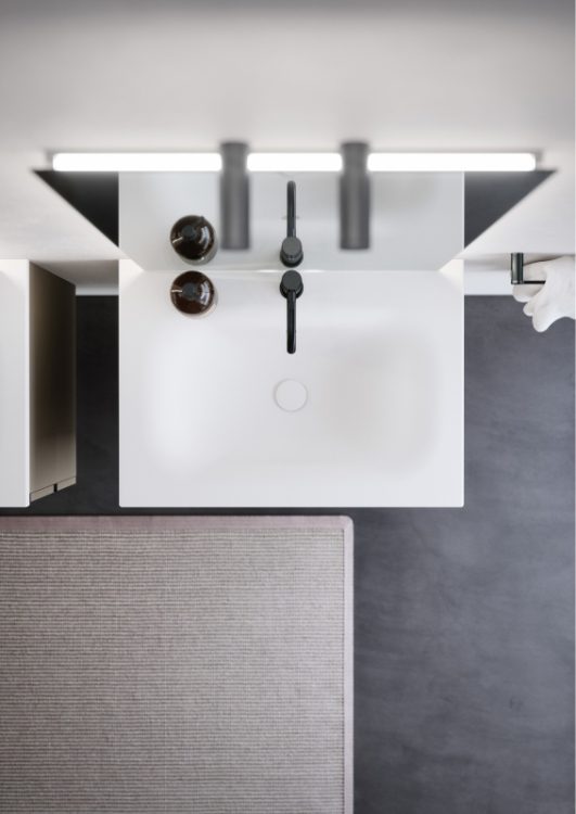 "Frank" integrated top in matt white ceramic and Stilo basin mixer in brushed black