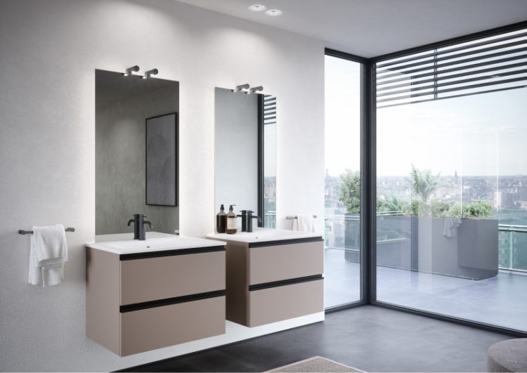 Forever vanity units in Caffè melamine wood finish, "Frank" integrated top, Fali Full mirror with Toobe lamps