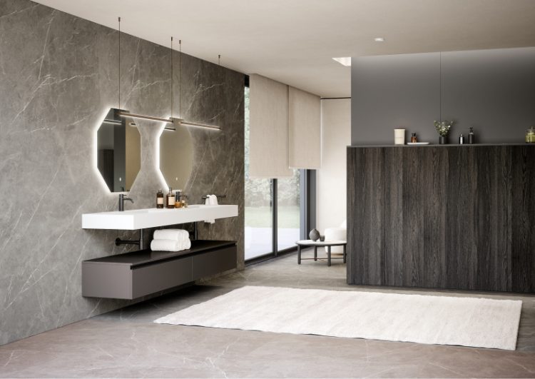 Suspended top in matt white Purefeel with Nick integrated washbasin, additional wall hung base unit in matt Grigio Pietra lacquered finish, Jung mirrors, Sei lamps