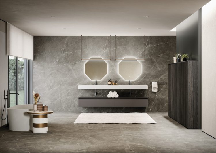 Suspended top in matt white Purefeel with Nick integrated washbasin, additional wall hung base unit in matt Grigio Pietra lacquered finish, Jung mirrors, Sei lamps