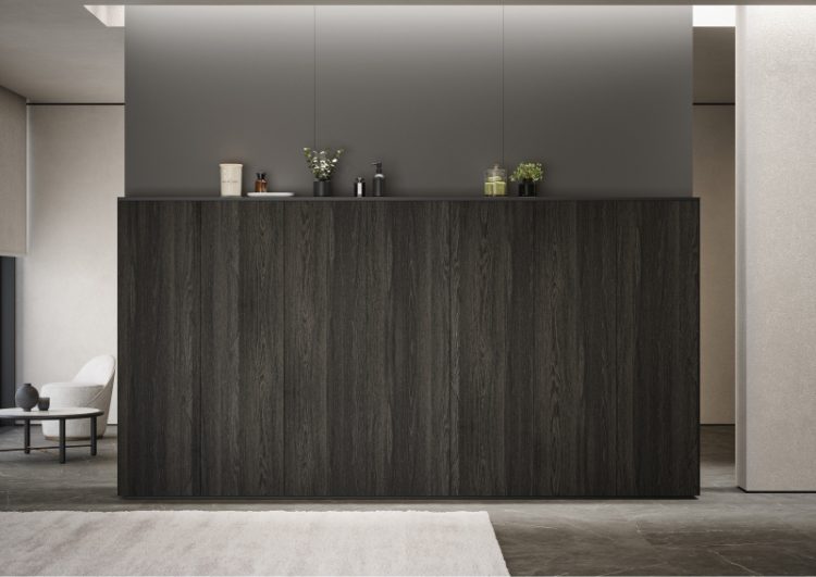 Cibe tall units in Lava Oak melamine wood with top in Deep Dark melamine wood
